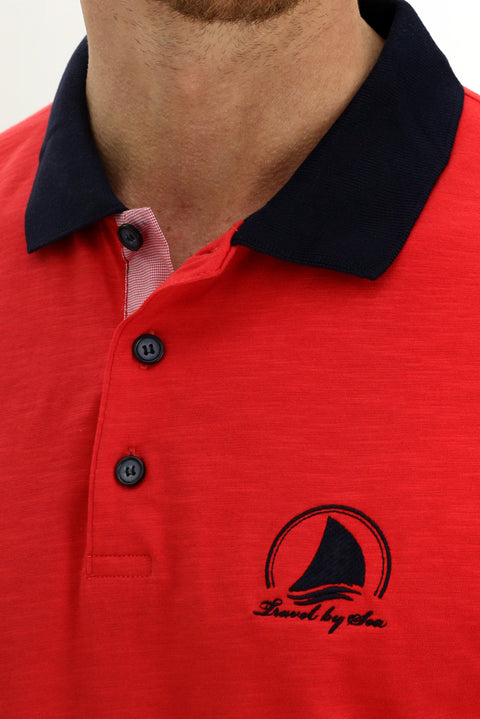 Pomegranate Blossom Polo Collar Slim Fit Narrow Cut Patterned Cotton T-shirt
