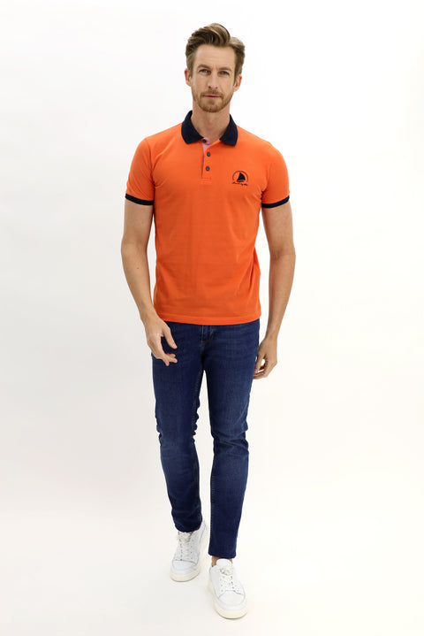 Terracotta Polo Collar Slim Fit Narrow Cut Patterned Cotton T-shirt