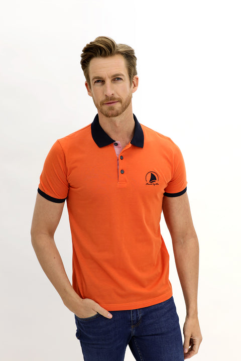 Terracotta Polo Collar Slim Fit Narrow Cut Patterned Cotton T-shirt