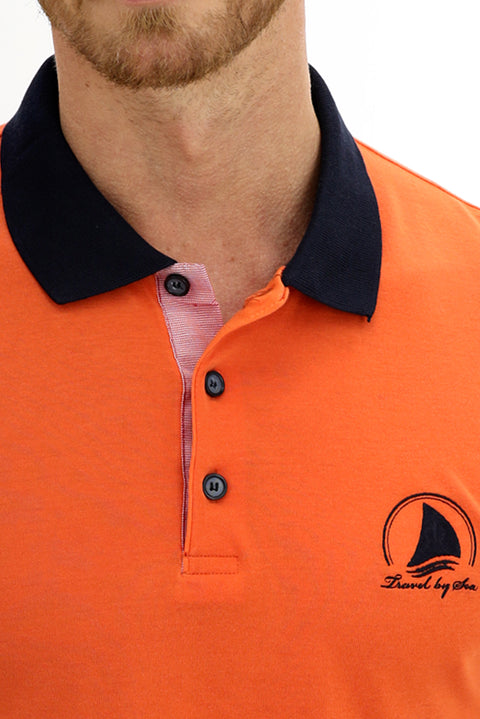 Terracotta Polo Collar Slim Fit Narrow Cut Patterned Cotton T-shirt