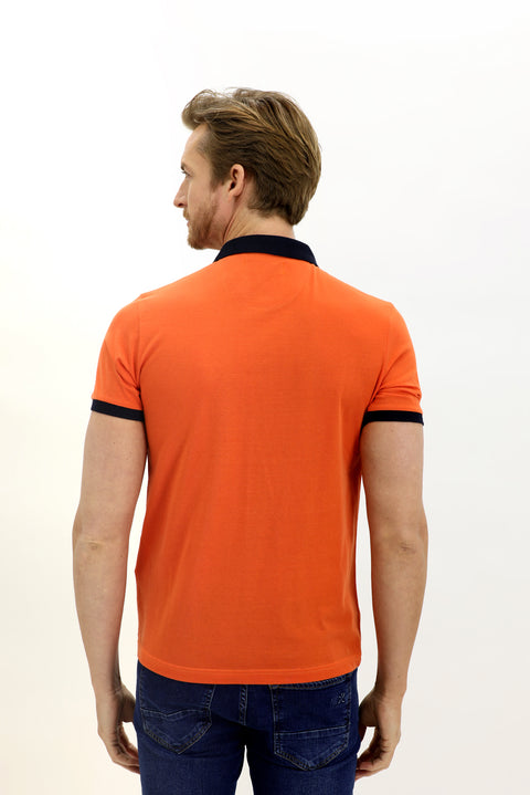 Terracotta Polo Collar Slim Fit Narrow Cut Patterned Cotton T-shirt