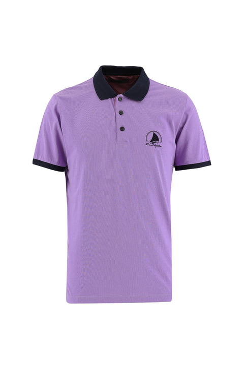 Lilac Polo Collar Slim Fit Narrow Cut Patterned Cotton T-shirt