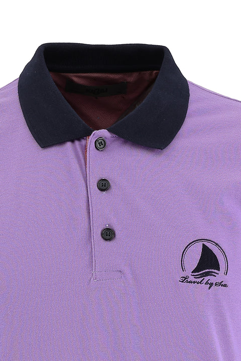 Lilac Polo Collar Slim Fit Narrow Cut Patterned Cotton T-shirt