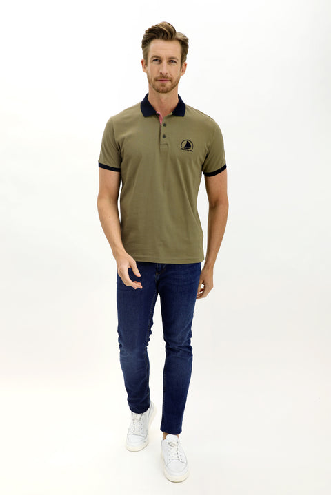 Light Green Polo Collar Slim Fit Narrow Cut Patterned Cotton T-shirt