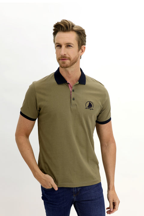 Light Green Polo Collar Slim Fit Narrow Cut Patterned Cotton T-shirt