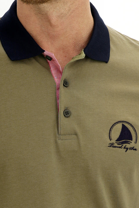 Light Green Polo Collar Slim Fit Narrow Cut Patterned Cotton T-shirt