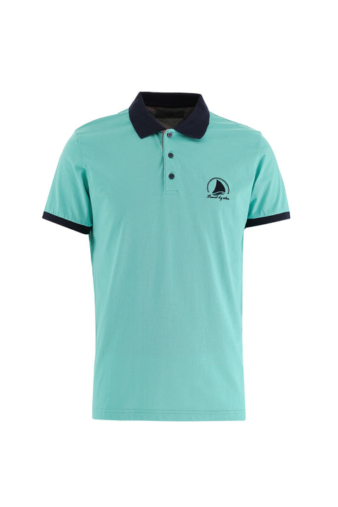 Mint Green Polo Collar Slim Fit Patterned Cotton T-shirt