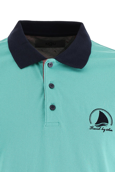 Mint Green Polo Collar Slim Fit Patterned Cotton T-shirt