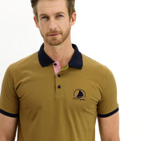 Yağ Yeşili-Olive Polo Yaka Slim Fit Dar Kesim Desenli Pamuk Tişört