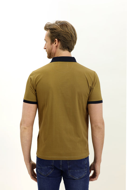 Yağ Yeşili-Olive Polo Yaka Slim Fit Dar Kesim Desenli Pamuk Tişört