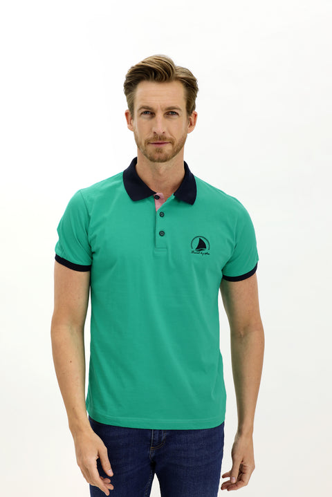 Dark Green Polo Collar Slim Fit Patterned Cotton T-Shirt