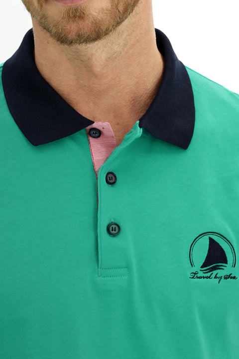 Dark Green Polo Collar Slim Fit Patterned Cotton T-Shirt