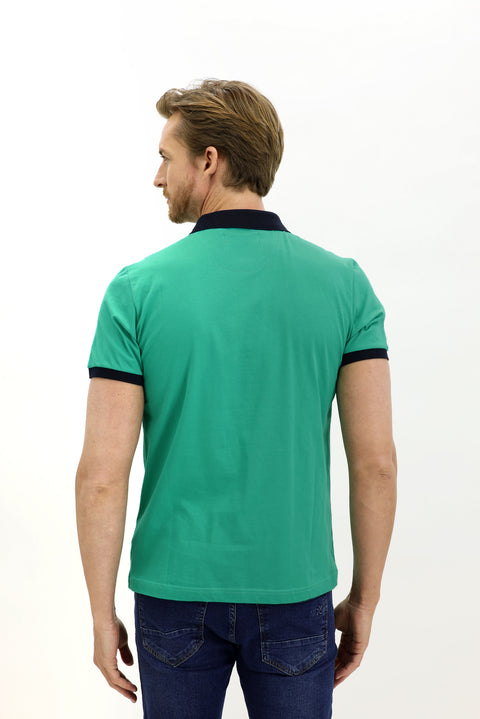 Dark Green Polo Collar Slim Fit Patterned Cotton T-Shirt