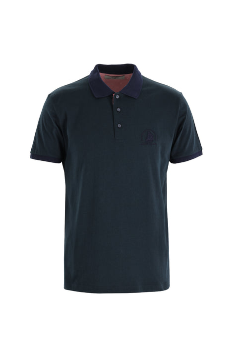 Navy Blue Polo Collar Slim Fit Narrow Cut Patterned Cotton T-shirt