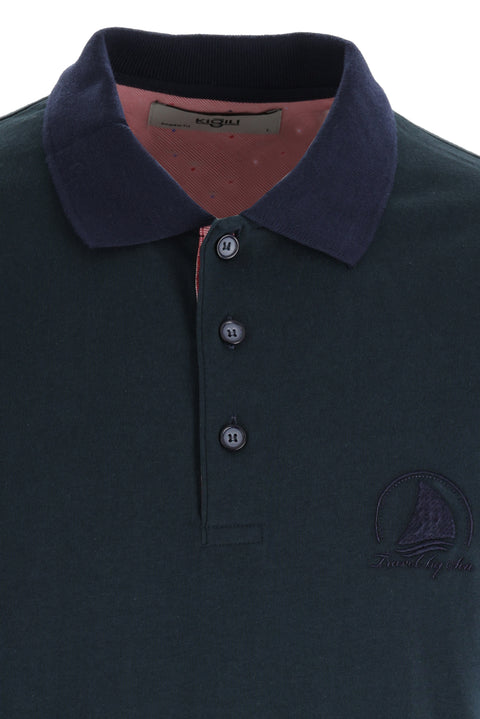 Navy Blue Polo Collar Slim Fit Narrow Cut Patterned Cotton T-shirt