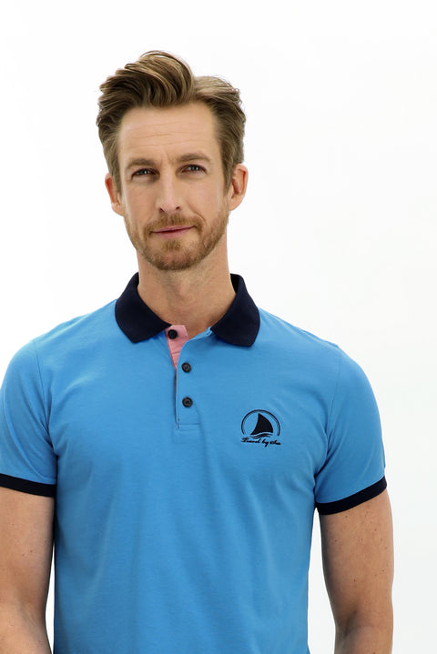 Medium Turquoise Polo Collar Slim Fit Narrow Cut Patterned Cotton T-shirt