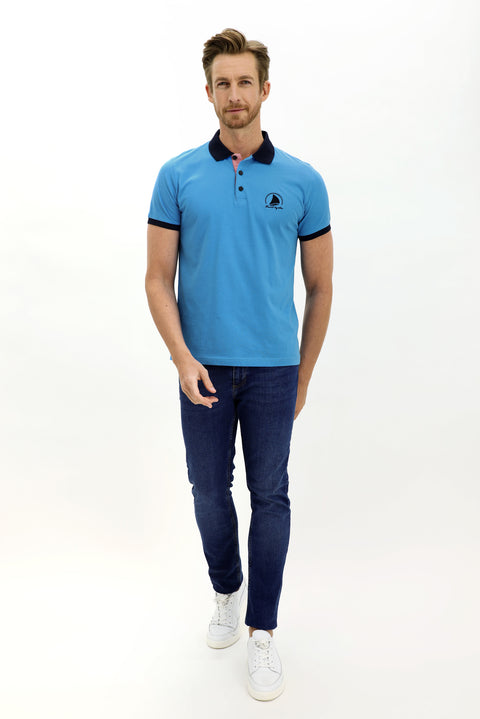 Medium Turquoise Polo Collar Slim Fit Narrow Cut Patterned Cotton T-shirt