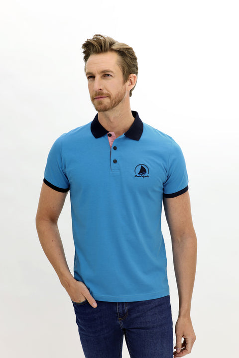 Medium Turquoise Polo Collar Slim Fit Narrow Cut Patterned Cotton T-shirt