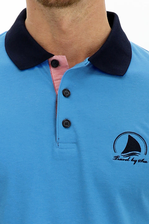 Medium Turquoise Polo Collar Slim Fit Narrow Cut Patterned Cotton T-shirt