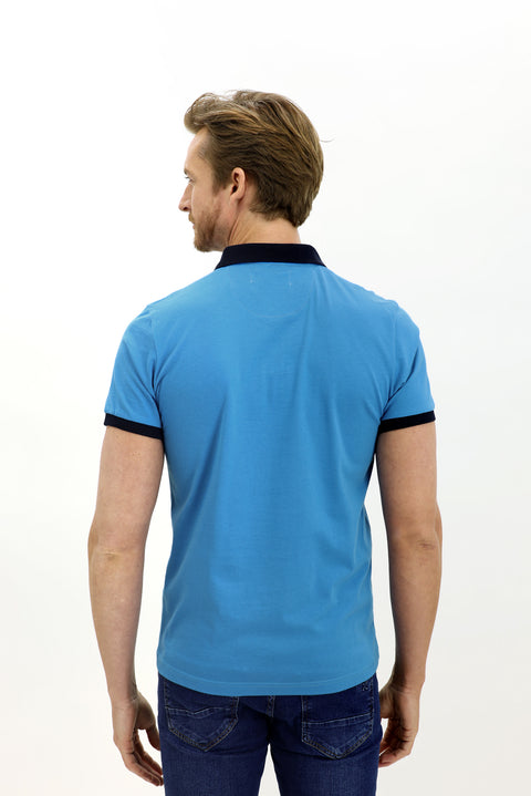 Medium Turquoise Polo Collar Slim Fit Narrow Cut Patterned Cotton T-shirt