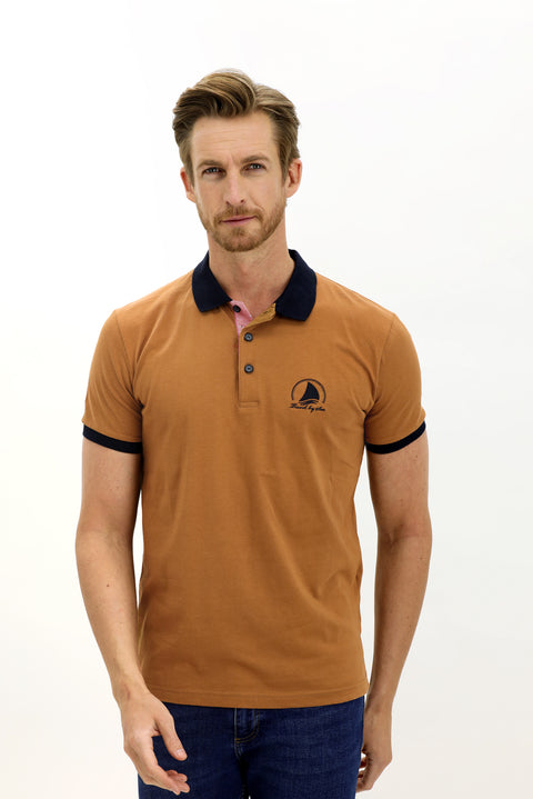 Medium Mink Polo Collar Slim Fit Narrow Cut Patterned Cotton T-shirt