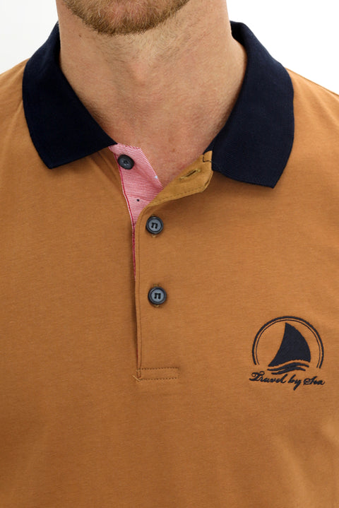 Medium Mink Polo Collar Slim Fit Narrow Cut Patterned Cotton T-shirt