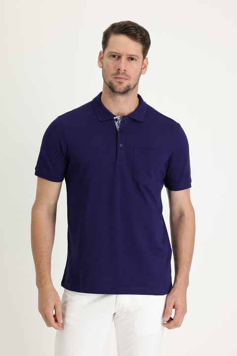 Medium Navy Polo Collar Slim Fit Narrow Cut Cotton T-Shirt