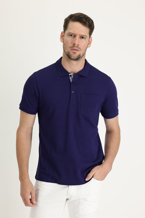 Medium Navy Polo Collar Slim Fit Narrow Cut Cotton T-Shirt