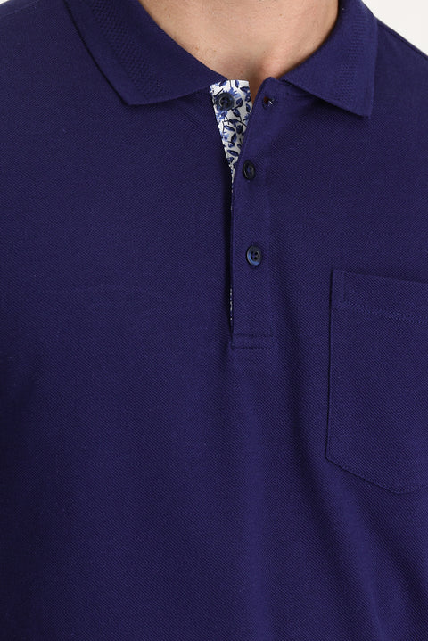 Medium Navy Polo Collar Slim Fit Narrow Cut Cotton T-Shirt