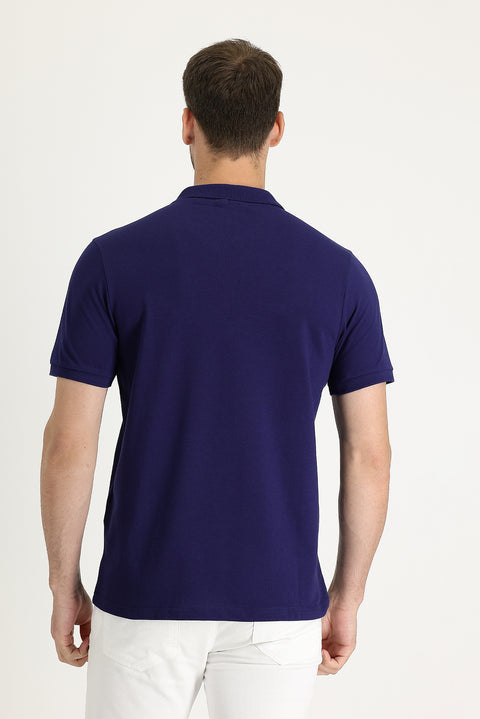 Medium Navy Polo Collar Slim Fit Narrow Cut Cotton T-Shirt
