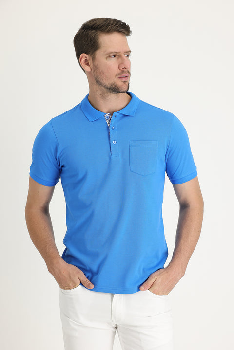 Blue Polo Collar Slim Fit Narrow Cut Cotton T-shirt