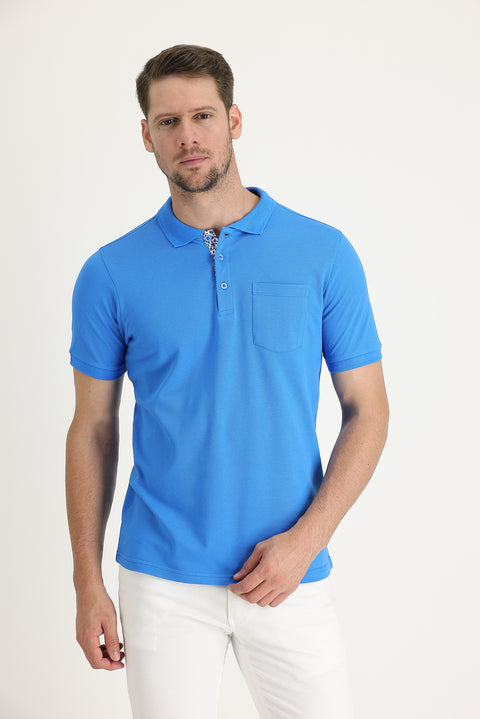 Blue Polo Collar Slim Fit Narrow Cut Cotton T-shirt