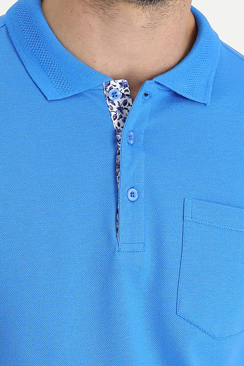 Blue Polo Collar Slim Fit Narrow Cut Cotton T-shirt