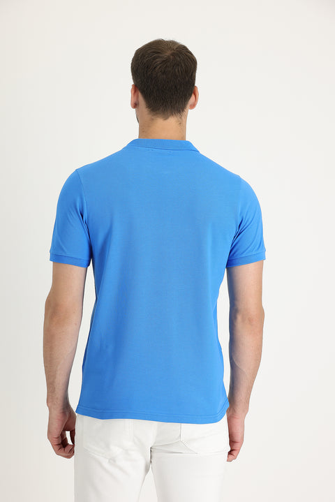 Blue Polo Collar Slim Fit Narrow Cut Cotton T-shirt