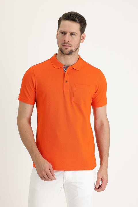 Medium Orange Polo Collar Slim Fit Narrow Cut Cotton T-Shirt