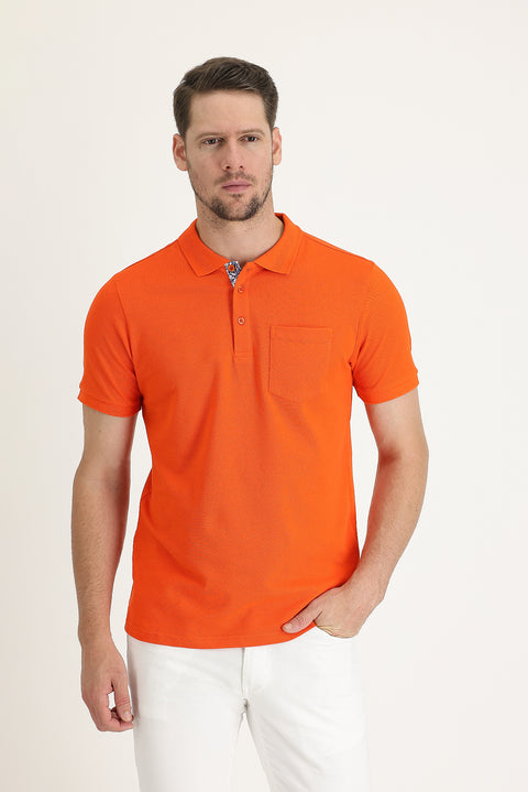 Medium Orange Polo Collar Slim Fit Narrow Cut Cotton T-Shirt