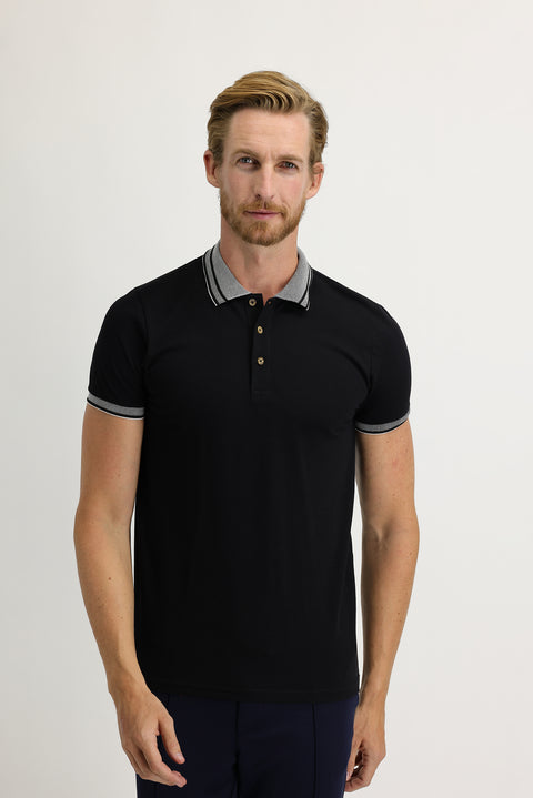 Medium Navy Polo Collar Slim Fit Narrow Cut Cotton T-Shirt