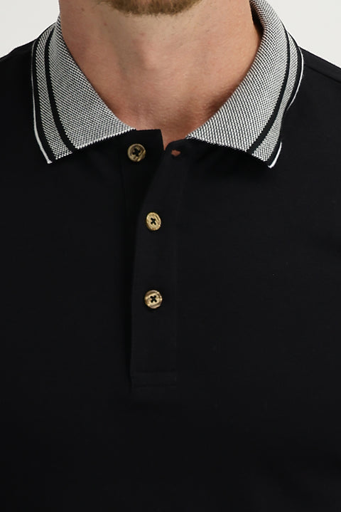 Medium Navy Polo Collar Slim Fit Narrow Cut Cotton T-Shirt