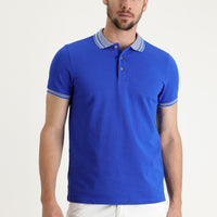 Navy Blue Polo Collar Slim Fit Narrow Cut Cotton T-Shirt