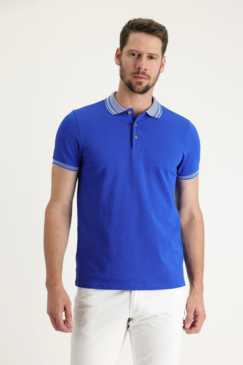 Navy Blue Polo Collar Slim Fit Narrow Cut Cotton T-Shirt