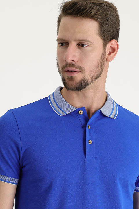Navy Blue Polo Collar Slim Fit Narrow Cut Cotton T-Shirt