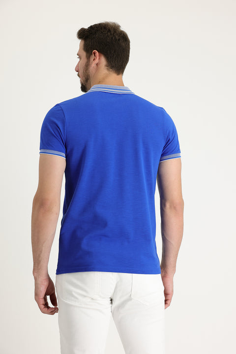 Navy Blue Polo Collar Slim Fit Narrow Cut Cotton T-Shirt