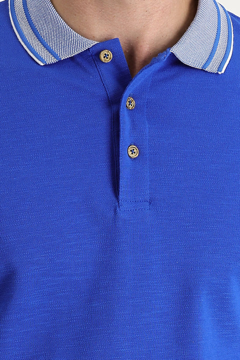 Navy Blue Polo Collar Slim Fit Narrow Cut Cotton T-Shirt
