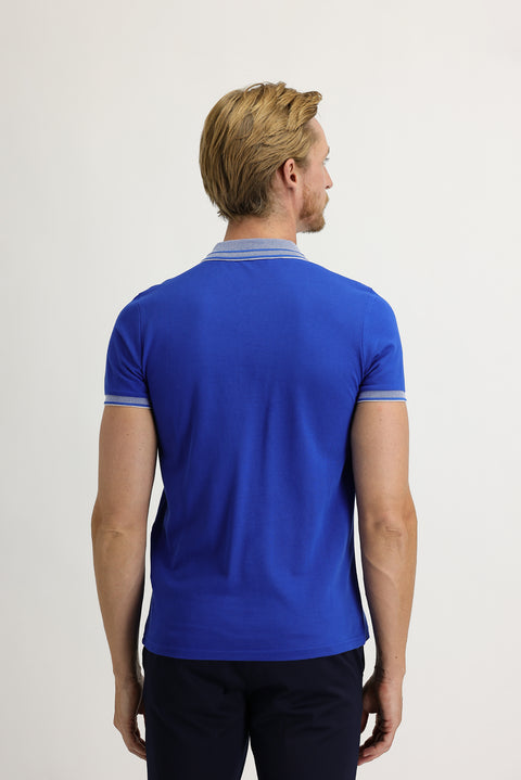 Navy Blue Polo Collar Slim Fit Narrow Cut Cotton T-Shirt