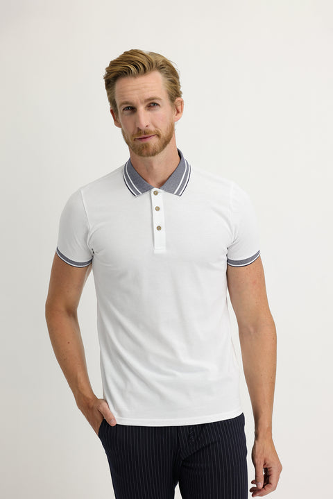 White Polo Collar Slim Fit Narrow Cut Cotton T-shirt