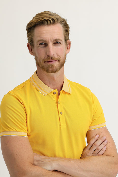 Dark Yellow Polo Collar Slim Fit Narrow Cut Cotton T-Shirt