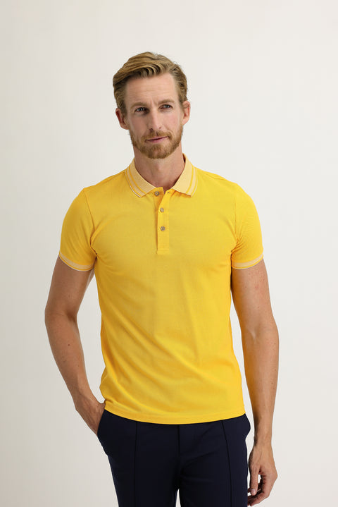 Dark Yellow Polo Collar Slim Fit Narrow Cut Cotton T-Shirt