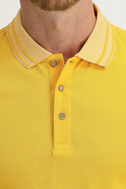 Dark Yellow Polo Collar Slim Fit Narrow Cut Cotton T-Shirt