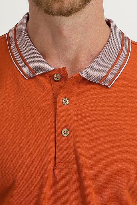 Terracotta Polo Collar Slim Fit Narrow Cut Cotton T-Shirt