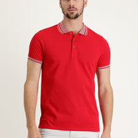 Light Red Polo Collar Slim Fit Narrow Cut Cotton T-Shirt